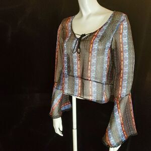 Abercrombie & Fitch Black, Blue, & Red Striped Sheer Bell Sleeve Blouse …